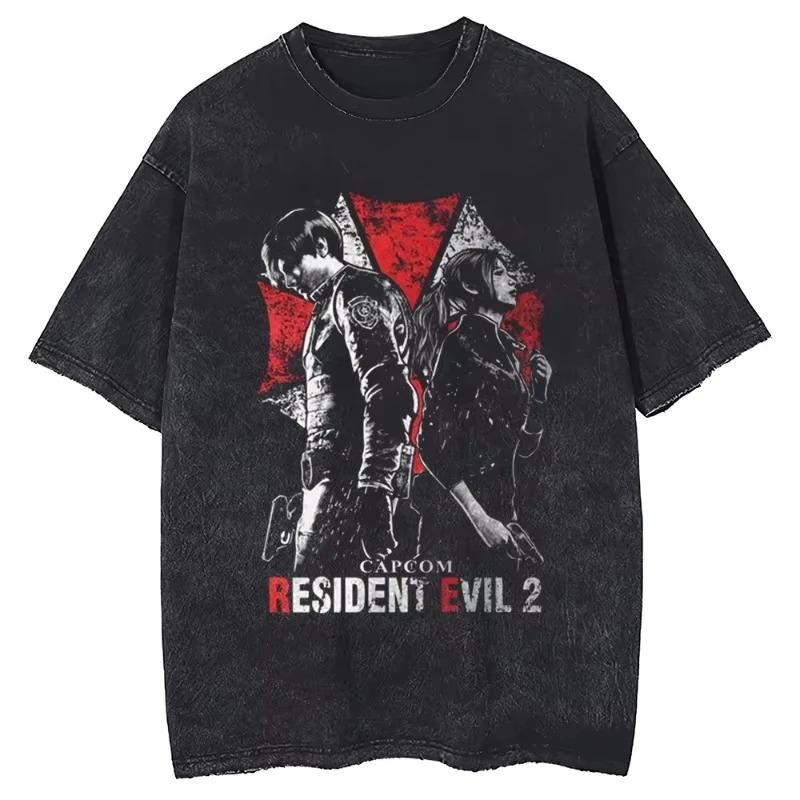 T-shirt Oversize a Manica Corta Lavata Vintage con Raffigurazione di Jill Valentine, Nemesis da Resident Evil 3, Logo Umbrella Corporation Ombrello Rosso