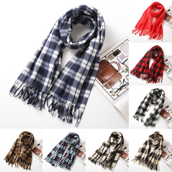 Women Winter Scarf Plaid Print Lightweight Soft Warm Scarf with Tassel Trim Cold Weather Imitation Cashmere Scarf