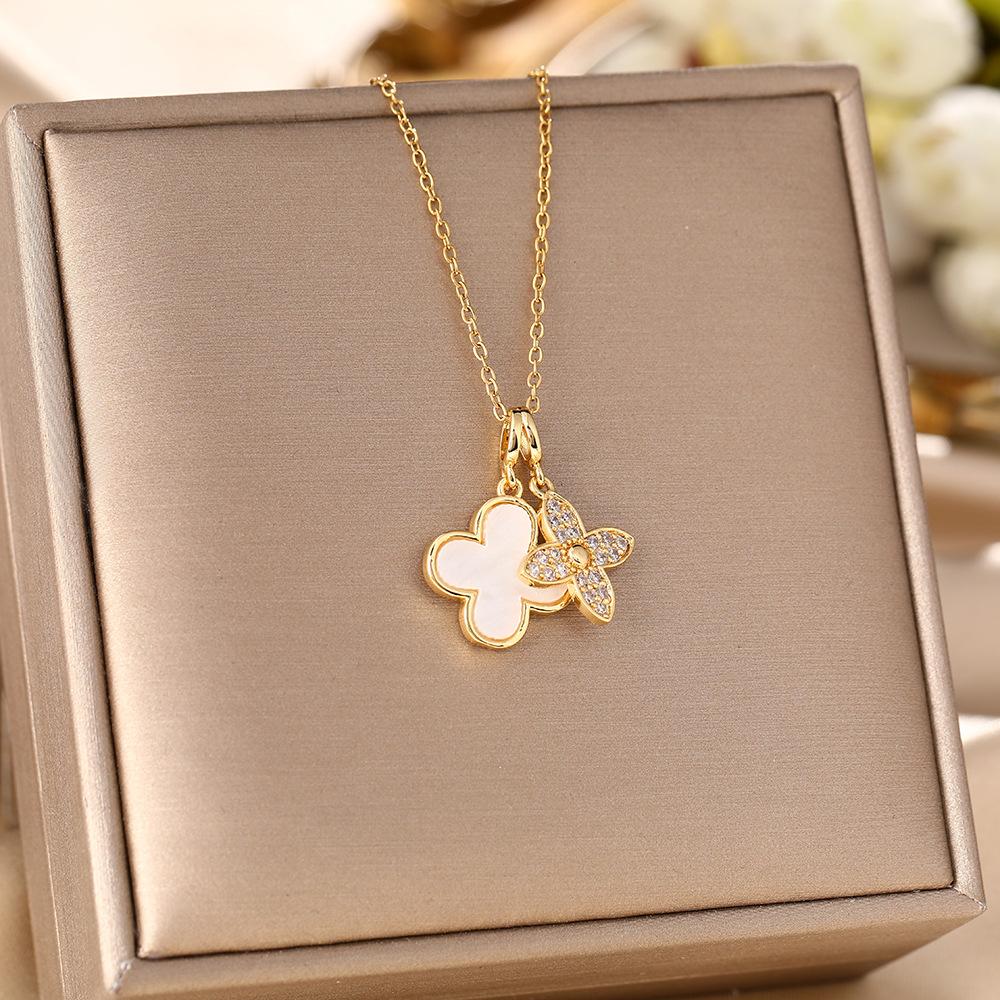 Titanium Steel Necklace, Women's Micro Inlaid with Zirconium, Black and White Mother of Pearl, Double-layer Clover High-end Jewelry