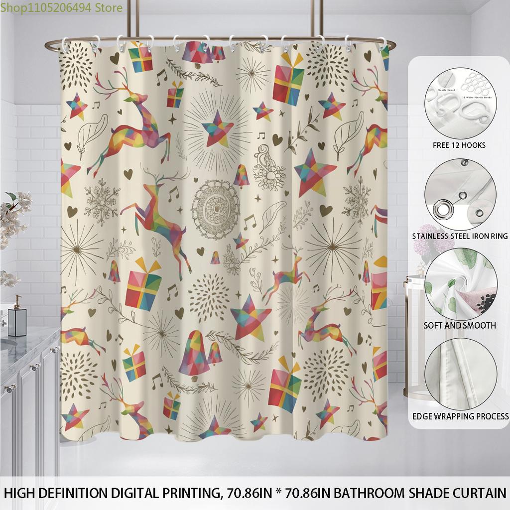 1pc Christmas Print Waterproof Perforated Shower Curtain Shower Partition Privacy Multi Size with 12 Hooks for Easy Installati