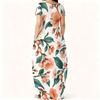 Women Plus Size Round Neck Short Sleeve Floral Printed Side Pockets Loose Maxi Dress