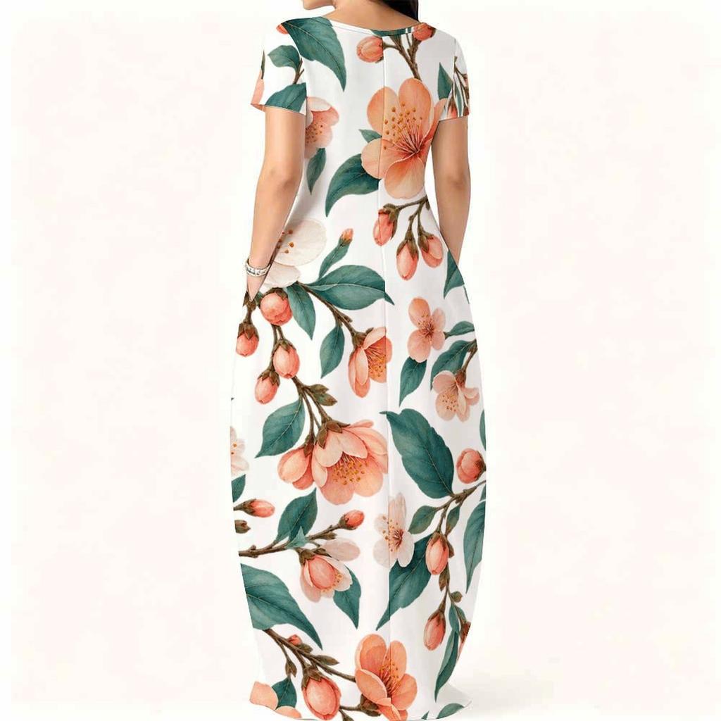 Women Plus Size Round Neck Short Sleeve Floral Printed Side Pockets Loose Maxi Dress