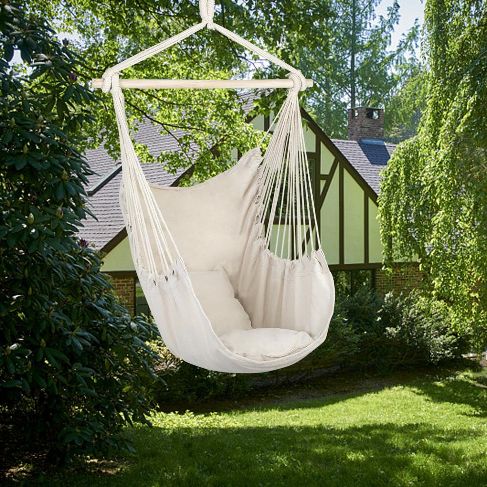 Distinctive Cotton Canvas Hanging Rope Chair With Pillows Beige Garden Furniture