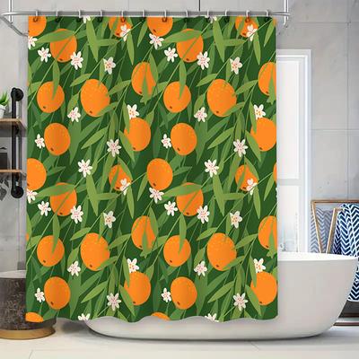 Green Leaves Orange Shower Curtain With White Flower Print Pattern For Bathroom Decor Modern Style Home Decoration Window Coveri