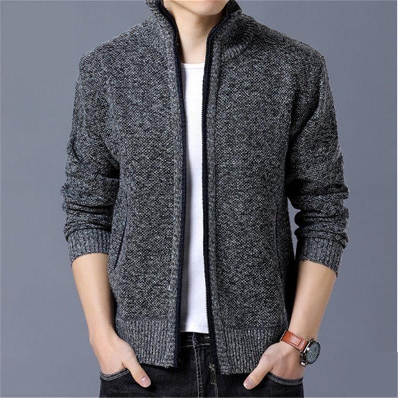 Herren Warmer Fleecegefütterter Strickjackenpullover mit Reißverschluss - Einfarbig, Stehkragen, Übergröße, Lässige Winterbekleidung.