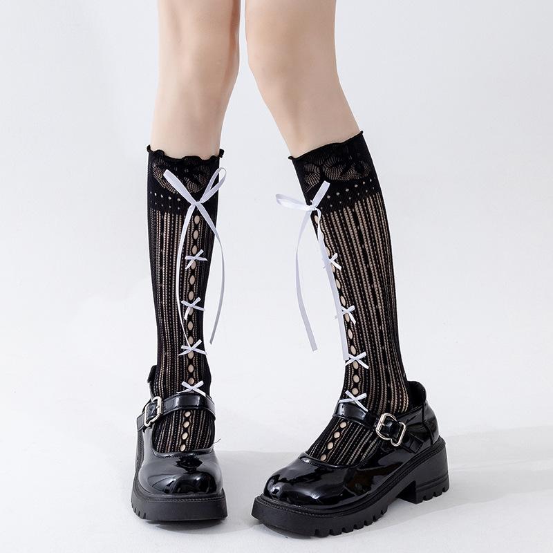 

Женские весенне-летние тонкие носки-гольфы в балетном стиле с бантом, кружевной сеткой и голенищем-трубой 1 pair белый/чёрный