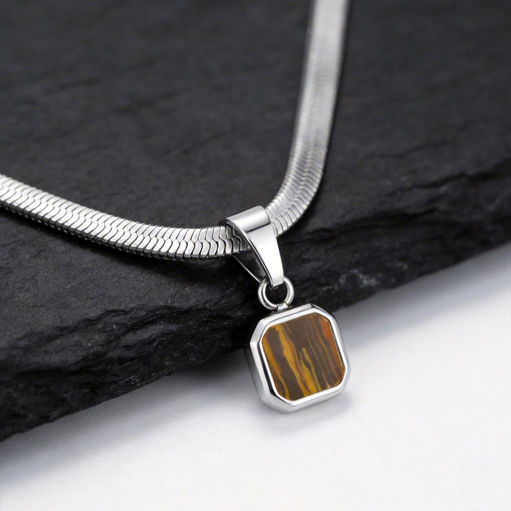 Geometric Square Natural Stone Pendant Necklace for Men, Gold Silver Color Stainless Steel Blade Chain, Trendy Jewelry Gift