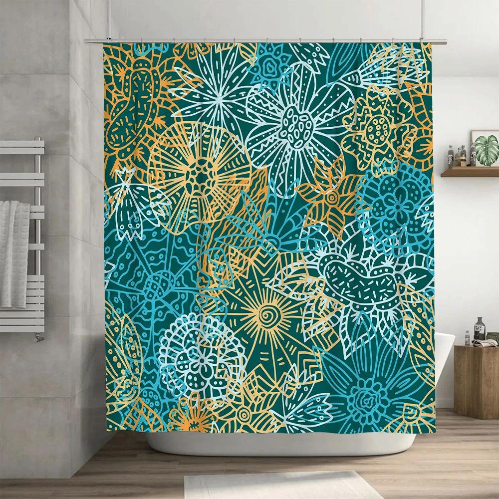 Green Gold Blue Shower Curtain with Mandala Pattern Bathroom Decor