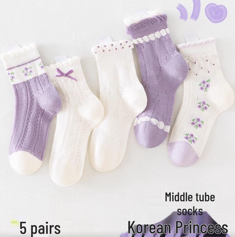 5 Pairs of Breathable Mesh Mid-Calf Lace Socks for Baby Girls - Perfect for Spring/Autumn
