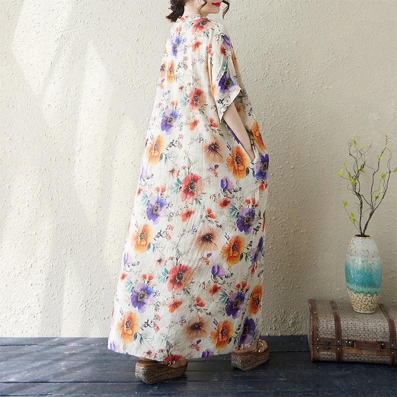 Summer v-neck thin cotton and linen large size loose literary holiday wind beach skirt retro meat-covering long robe