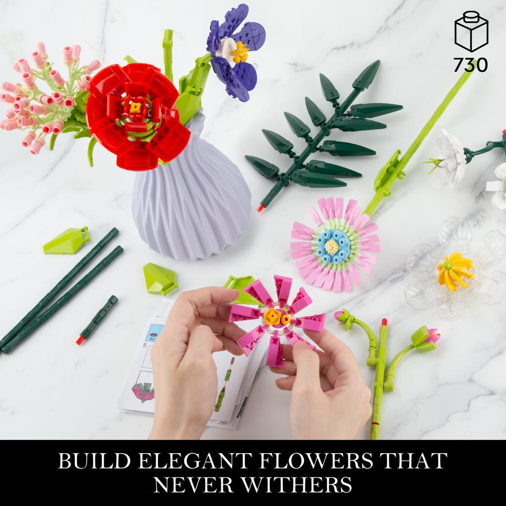 Non-Toxic 730Pcs Crative Bouquet Building Blocks Sets With Plastic Vase Diy Flower Blocks Toys Gifts Sets Desktop Ornament