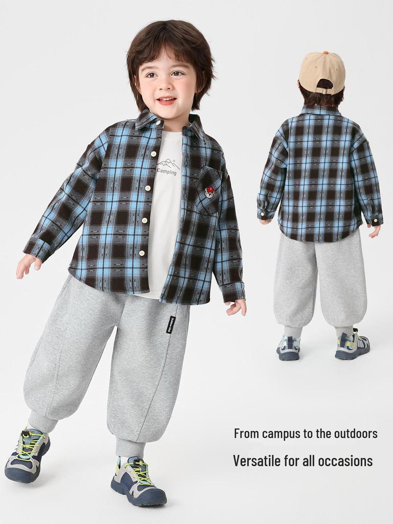 European Boys' Fleece-Lined Plaid Shirt - Autumn/Winter 2025 Kids' Thickened Top