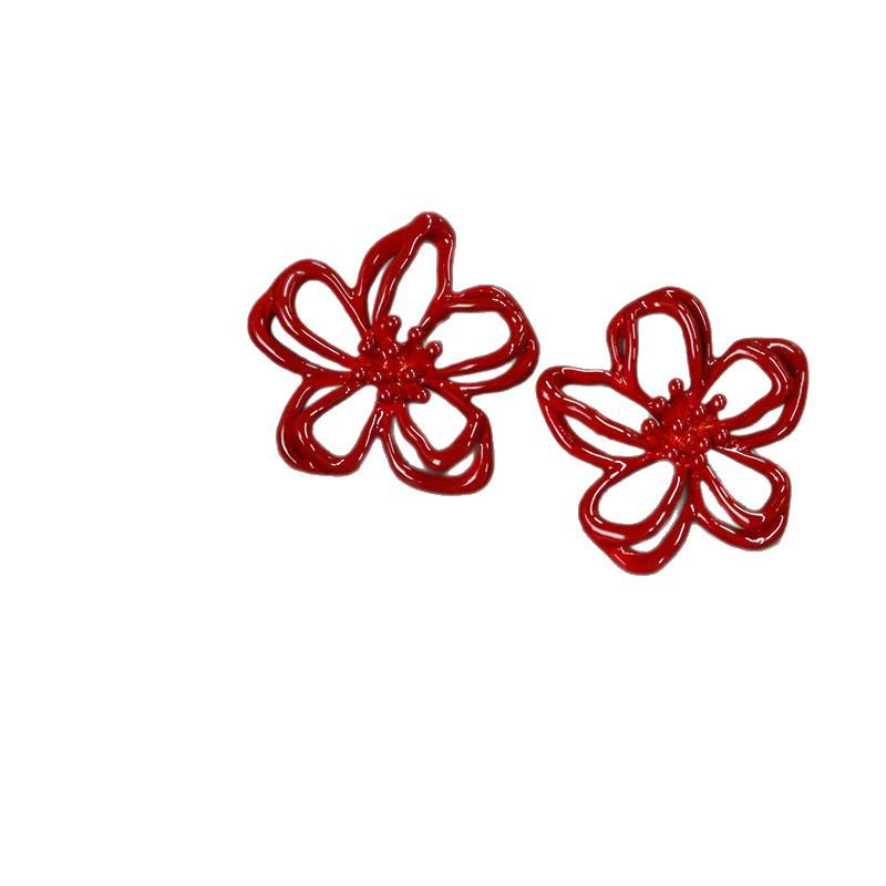 Red Hollow Flower Earrings: Elegant Silver Needle Studs for Women