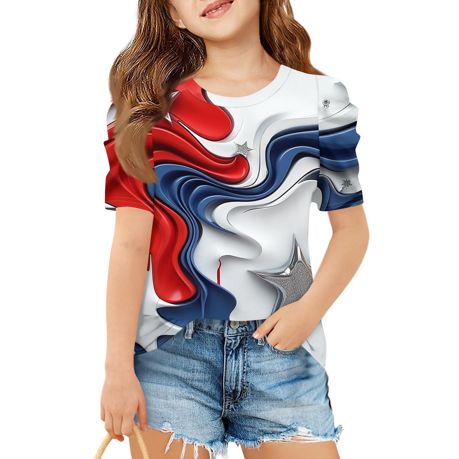 

Летний топ с короткими рукавами для девочек, детская повседневная футболка с круглым вырезом на День независимости 130