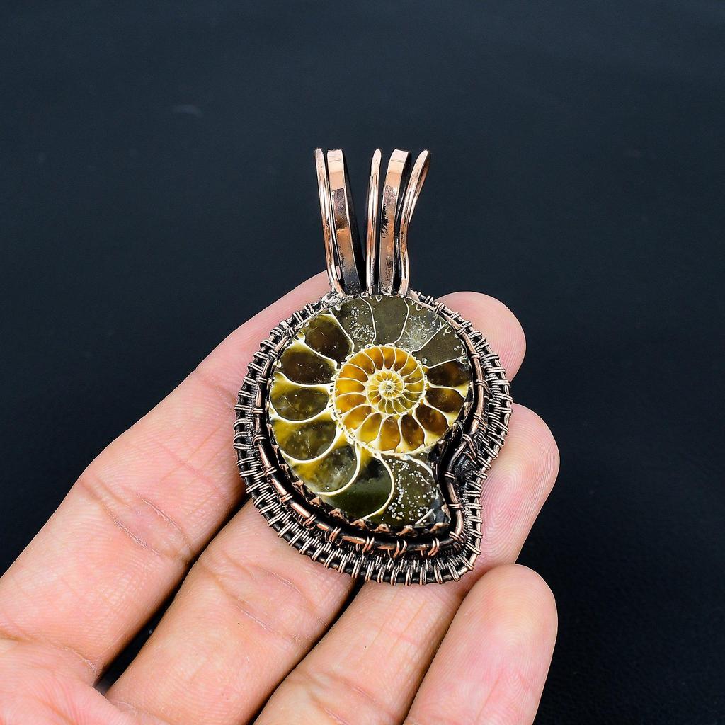 Ammonite Fossil Pendant, Gemstone  999 Copper Wire Wrapped Jewelry Pendant, Handmade Jewelry Birthstone Pendant, Gift For Him