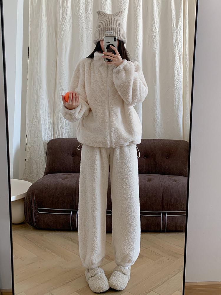 

Women s Cream White Double-Sided Fleece Pajamas with Zipper Collar - Spring/Autumn 2026 Internet Celebrity Style XL