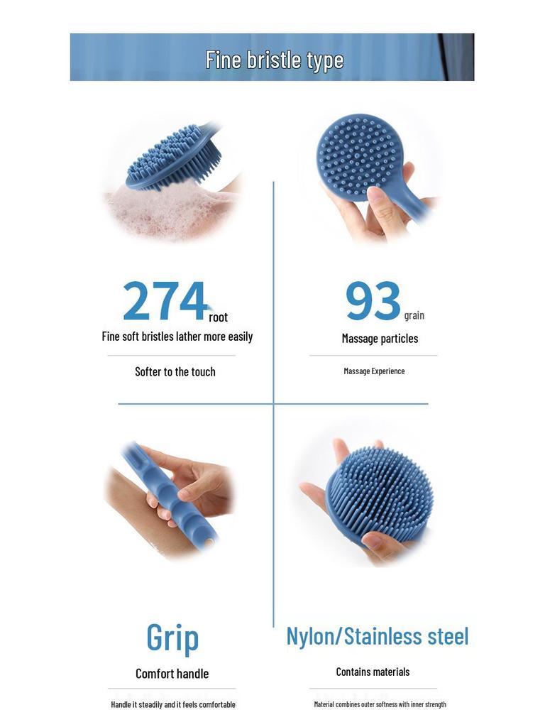 Silicone Long-Handled Bath Brush - Soft Bristle Back Scrubber for Easy Cleaning