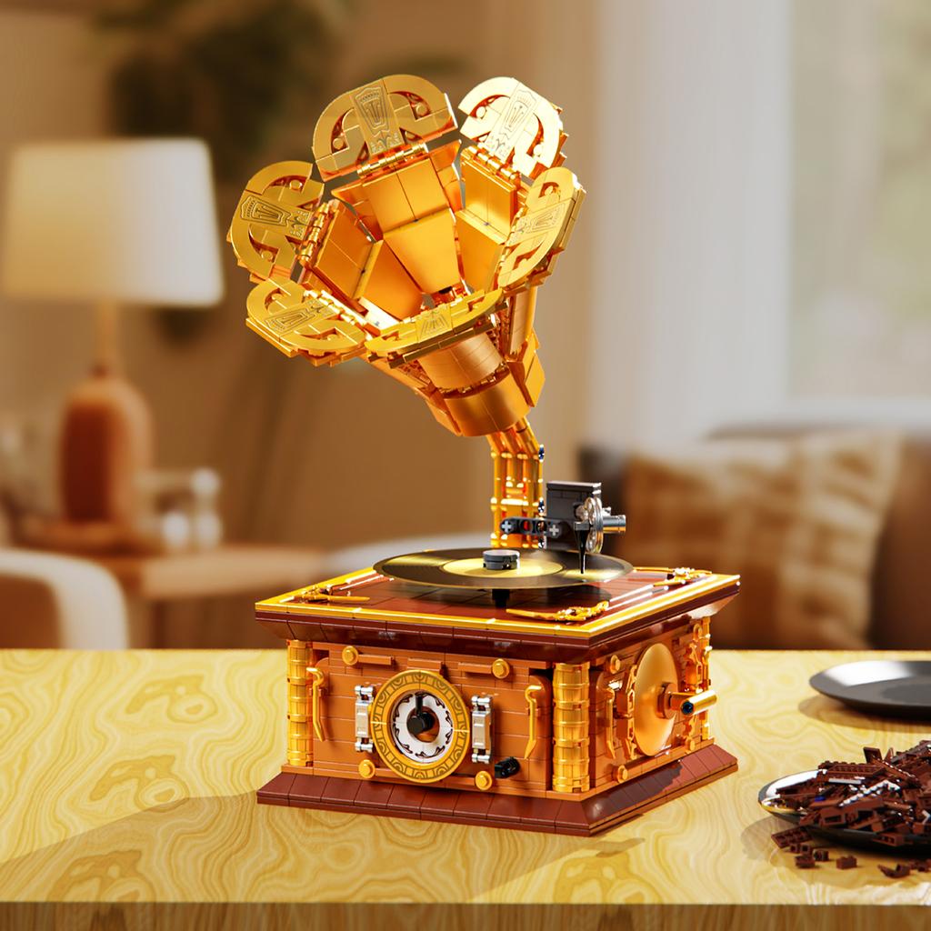 1011 ks Retro gramofon Stavebnice Hračky Model Gramofonu Skládačka Kostky Hračky Pro Děti Stolní Ozdoba Dárky