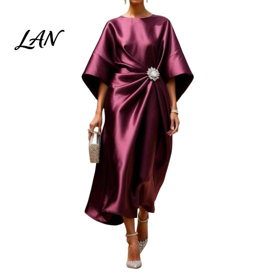 Lightweight Summer Dress Women's Satin Batwing Sleeve Maxi Dress, Rhinestone Accent Crew Neck Elegant Solid Color Evening Party A Line Formal Wedding