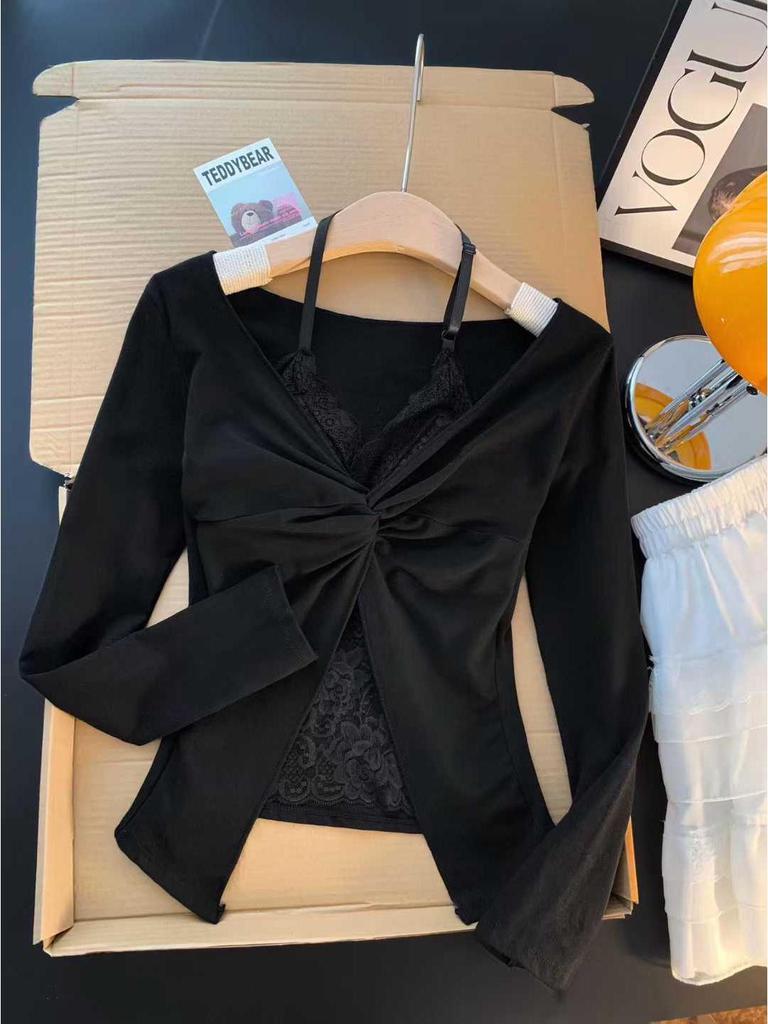 2025 Women's Korean Style Lace T-shirt - Long Sleeve Two-Piece Look with Chest Pads for Autumn/Winter.