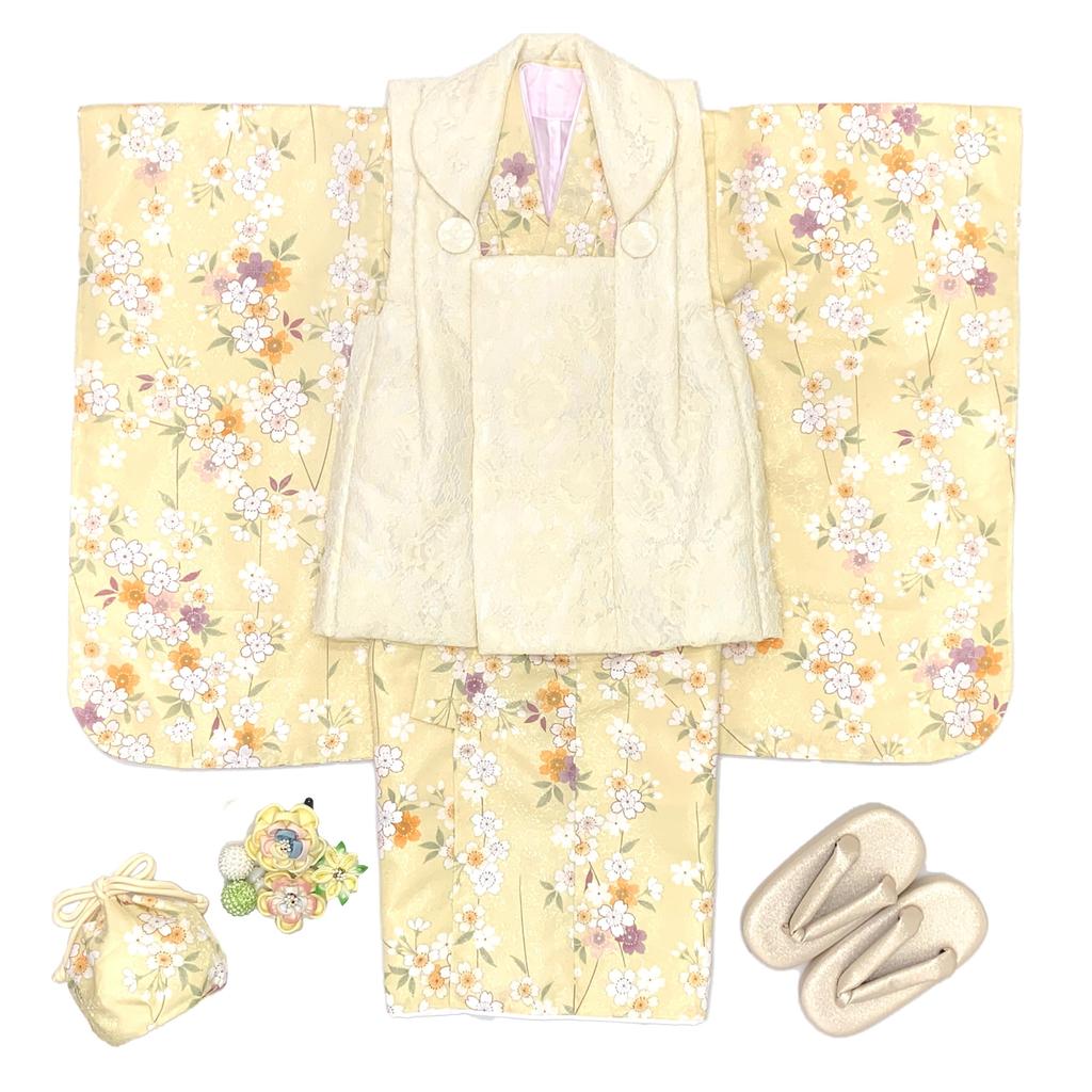 3 Years Old Girl Kimono Set Lace Cover Set Festival Peach Festival and Light Weeping Cherry [Muromachi-st.] Shichi-Go-San Doll's "Light Yellow,