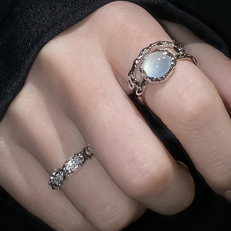 Heart Open Rings For Women Korea Geometric Crystal Moonstone Gothic Finger Ring Y2K Accessories Trendy Aesthetic Jewelry Gift