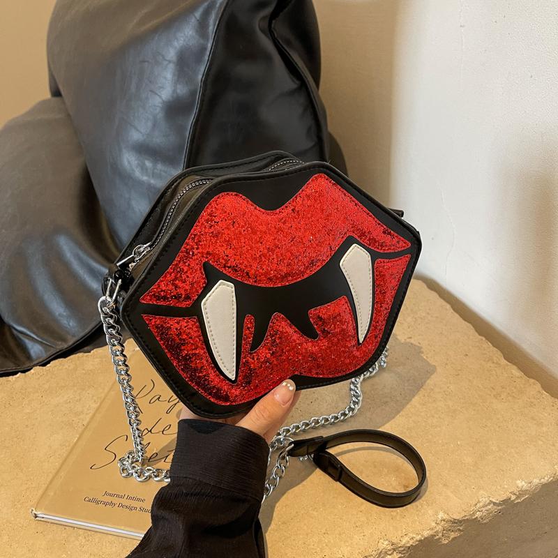 

Индивидуальная модная женская сумка через плечо с пламенно-красными губами и блестками в виде вампира, женская сумка-мессенджер для вечеринки на Хэллоуин