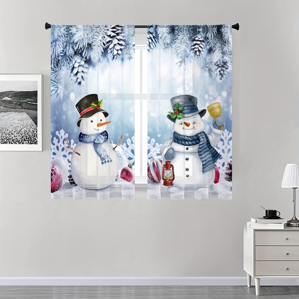 2pcs Champion Snowman Printed Transparent Curtains with Rod Bag Design   Privacy Protection   Suitable for Decoration In Various S