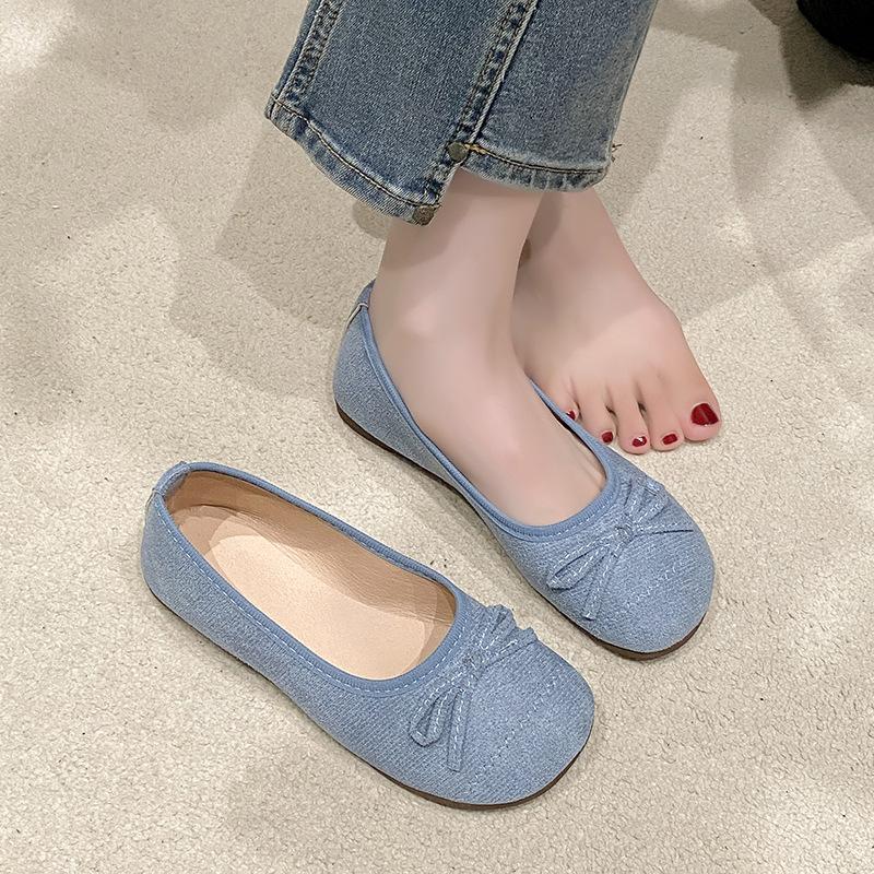 2025 summer new retro gentle ballet flats bow shallow mouth single shoes large size soft sole beanie shoes women