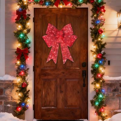 Wreath Bow 23.6in Lighted Garland Christmas Decorations Wreath for New Year Fireplace Table Centerpiece Bedroom Party Farmhouse