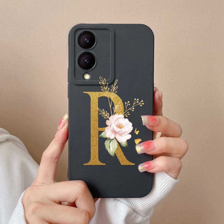 Case For VIVO Y17S 4G A To Z Cute Flower Letter Pattern Smooth Liquid Silicone Shell For VIVOY17S Y17s 4G Fashion Couple Fundas