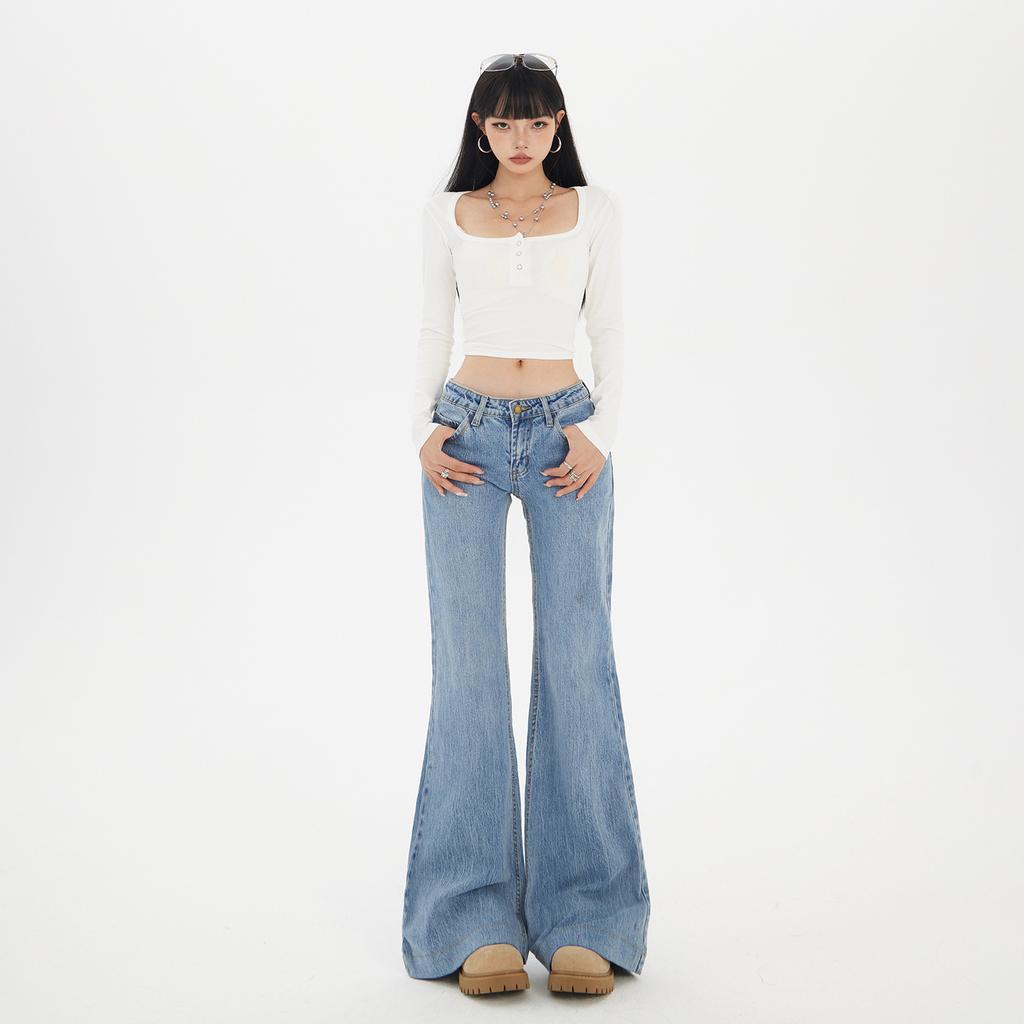 Low-rise and slightly pulled jeans for women's autumn and winter, new Spice Girls elastic and thin, versatile, non-stick legs, flared pants