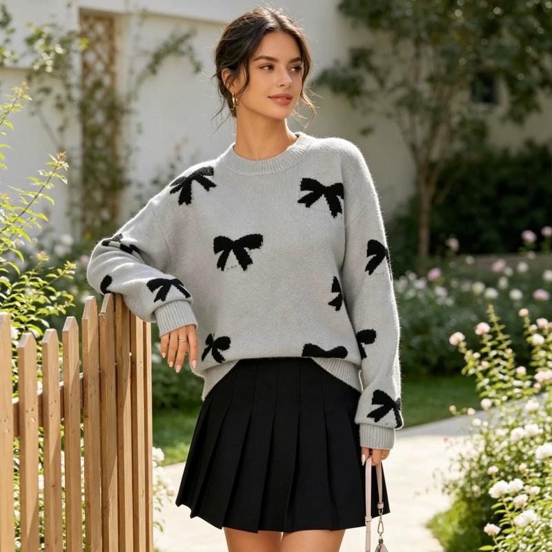 Womens Loose Fit Long Sleeve Knit Sweater With Bow Jacquard Round Neck Winter Casual Top