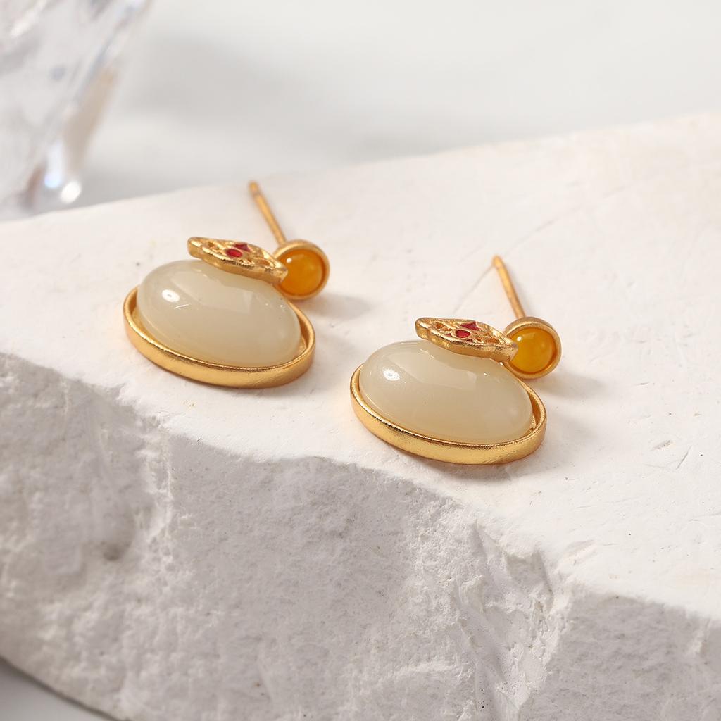 New Chinese imitation Hetian jade enamel color earrings women's senior temperament oval niche stud earrings retro earrings