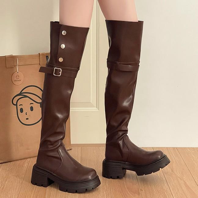 Versatile and thin thick-soled leather boots, fold two, wear knight boots, women's autumn and winter fashion Korean version of thick-heeled boots, kne