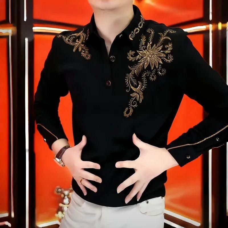 Men's Long Sleeve Polo Shirt Gold Print Fleece Lined Warm Casual Button Collar Fashion Top