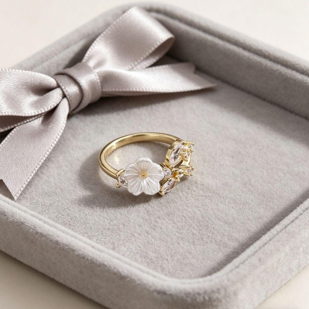 Adjustable Flower Crystal Ring Leaf Design Finger Jewelry Delicate Flower Opening Ring  Anniversary