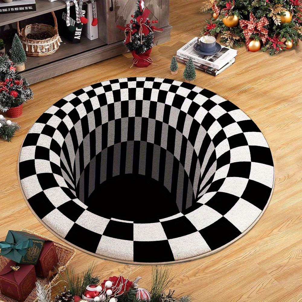 3D Schwarz-Weiß Kariertes Muster Runder Teppich, Rutschfeste Fußmatte für Wohnzimmer, Schlafzimmer, Badezimmer, Ferienhaus-Dekoration