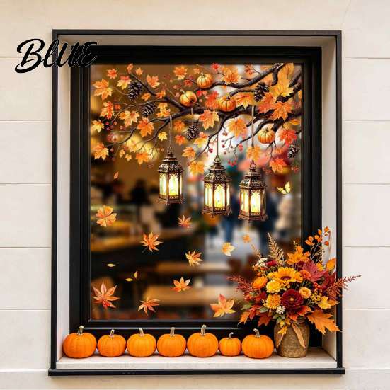 Static Cling Window Decals Autumn Maple Leaf And Lantern Sticker Double Sided PVC Waterproof Thanksgiving Party Decor Decals Removable Electrostatic