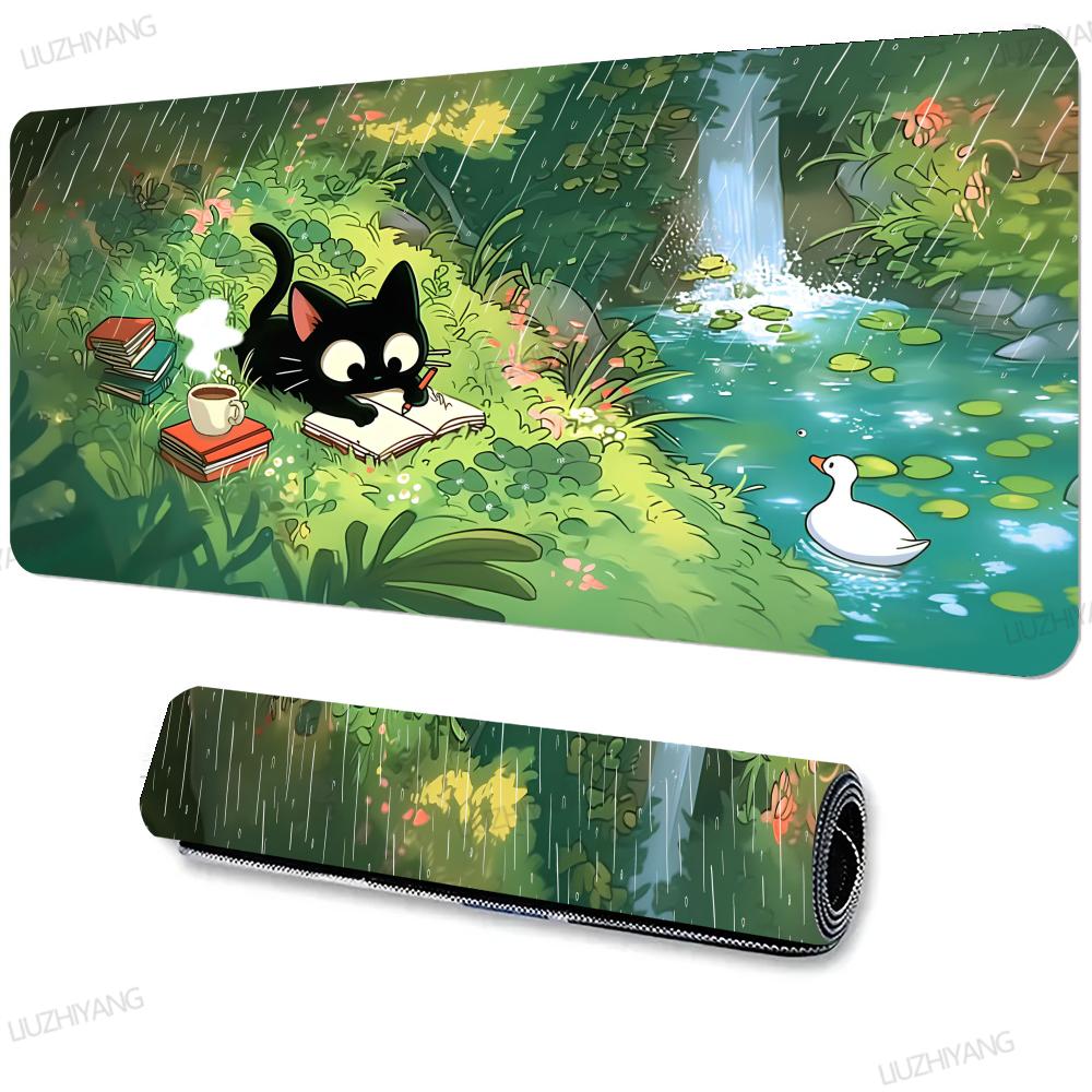 Cute Black Cat Forest Large Desk Mat Cartoon Animal Green Nature Scene Xxl Mouse Pad NonSlip Lock Edge Keyboard Mat