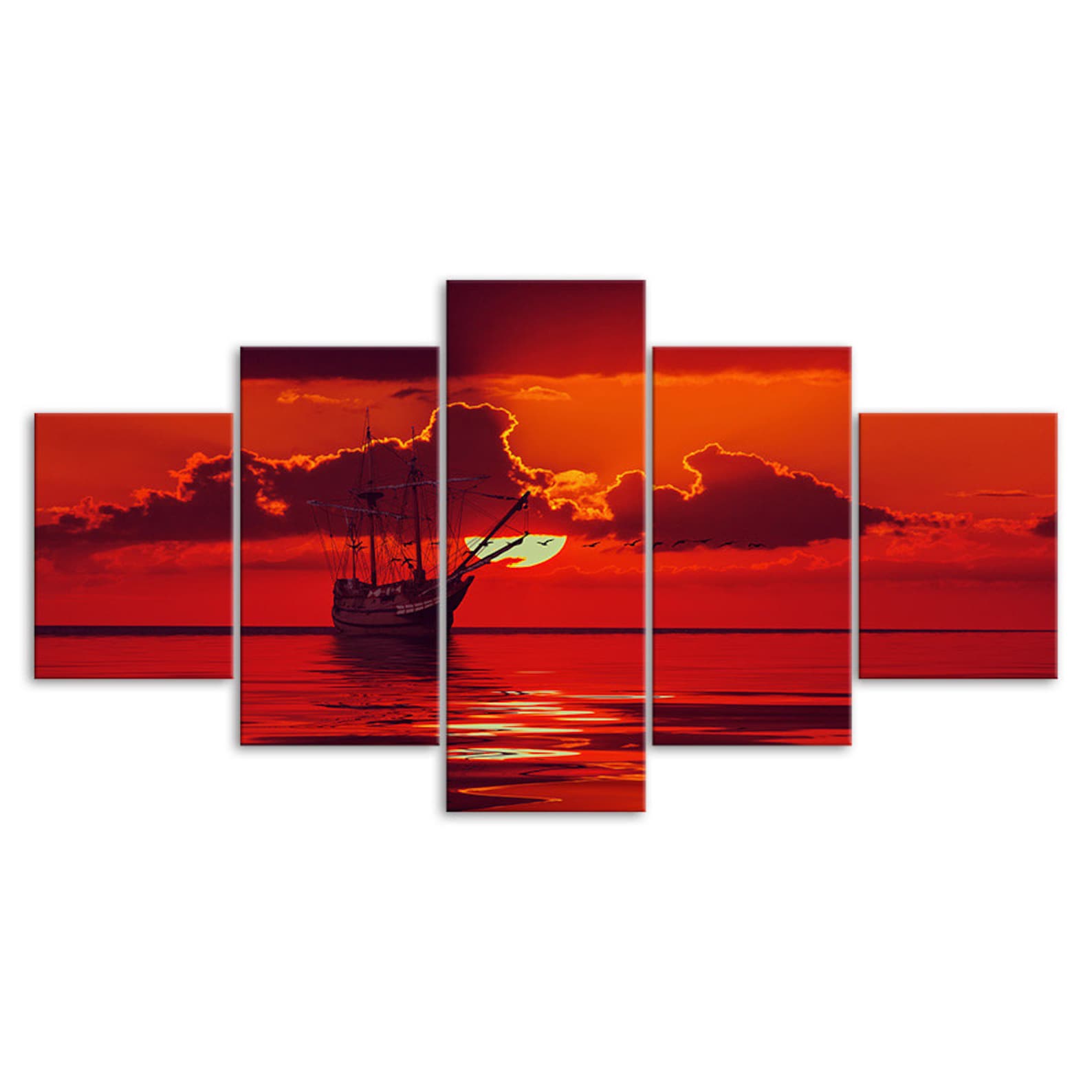 

Boat Sunset Red Sky Scenery 5 Piece Five Panel Wall Canvas Print Modern Art Poster Picture Home Decor Gift For Him For Her 20x35 20x45 20x55cm