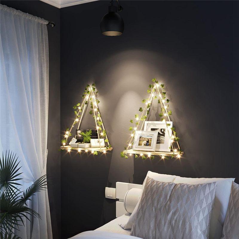 A20F-Simulated Green Plant LED Light Wooden Wall Hanging, Macrame Shelf For Bedroom Living Room Kitchen