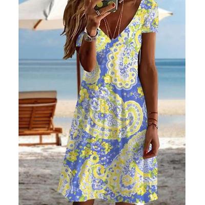Summer Fashion Women's V Neck Short Sleeve Retro Printed  Dress Sex Short Skirt Dresses