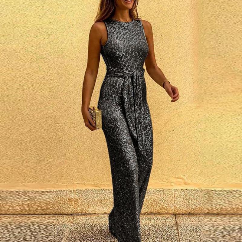 Wish European and American ebay round neck sleeveless personalized sequined silver dot jumpsuit women s clothing S