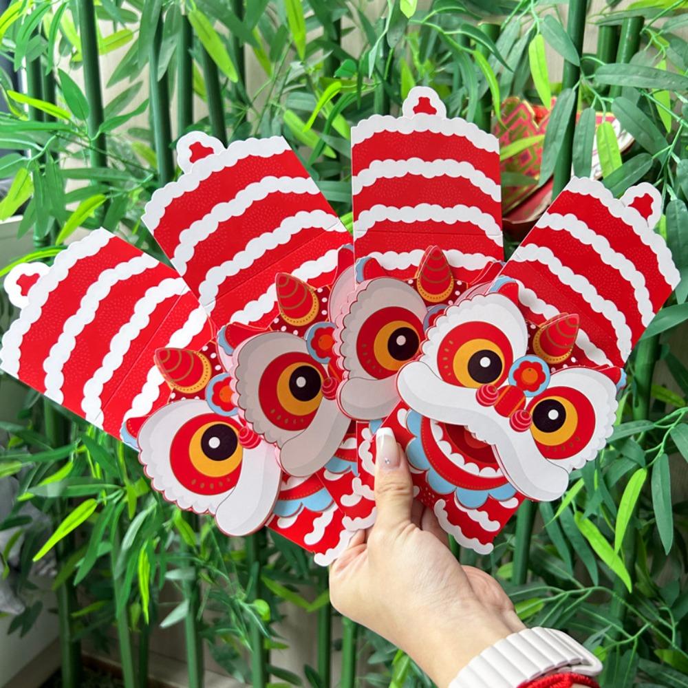 6pcs Hongbao Scratch Card Money Bag Lion Dance Lucky Money Packet Cartoon Red Pocket Birthday