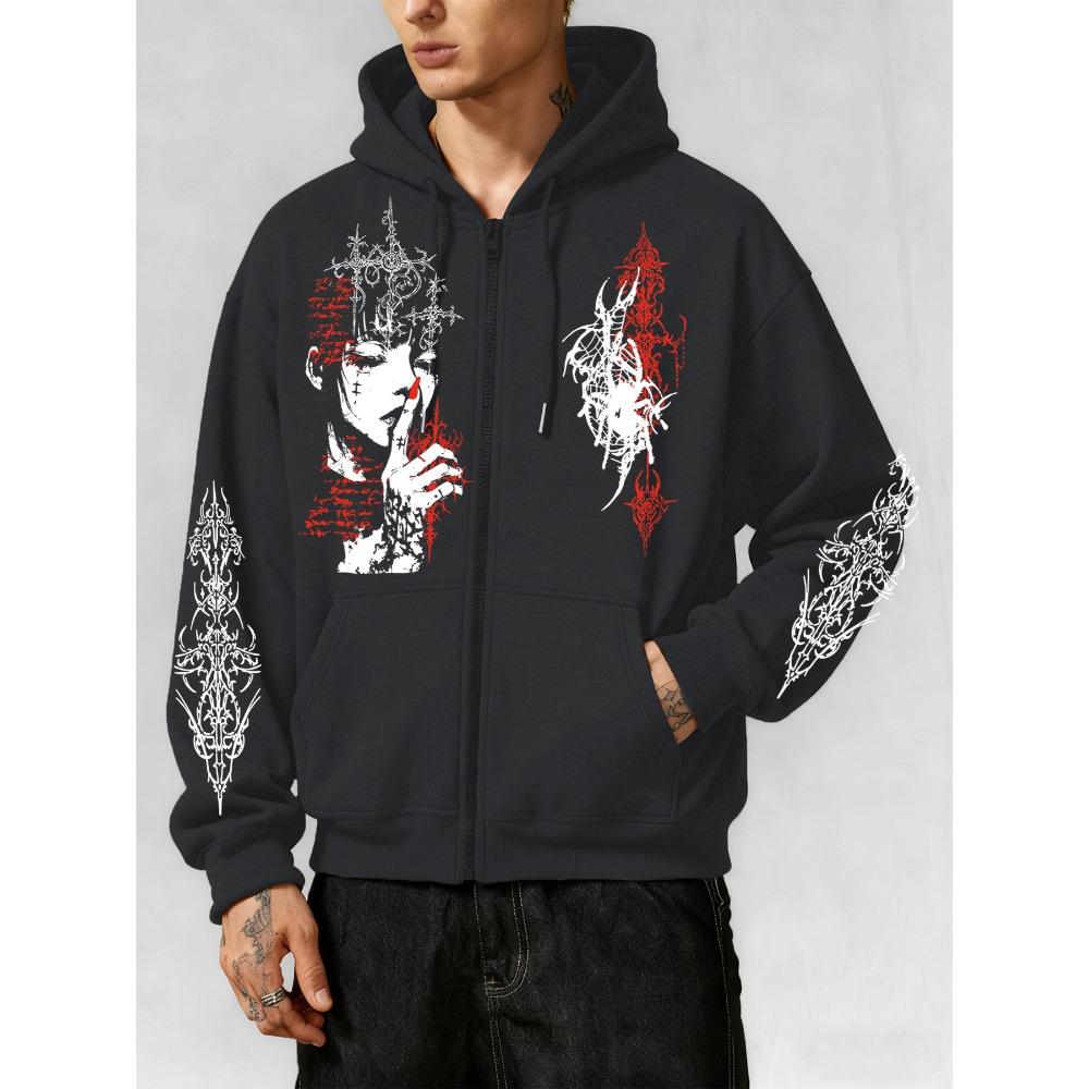 Y2K Gothic Dark Comic Style Printed Zipper Hoodie, a Fashionable Street Trend Zipper Hoodie Suitable for Casual Occasions