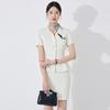 Women's Dark Blue Short-Sleeved Suit Set - Summer Professional Attire for Hotel and Jewelry Store Front Desk.