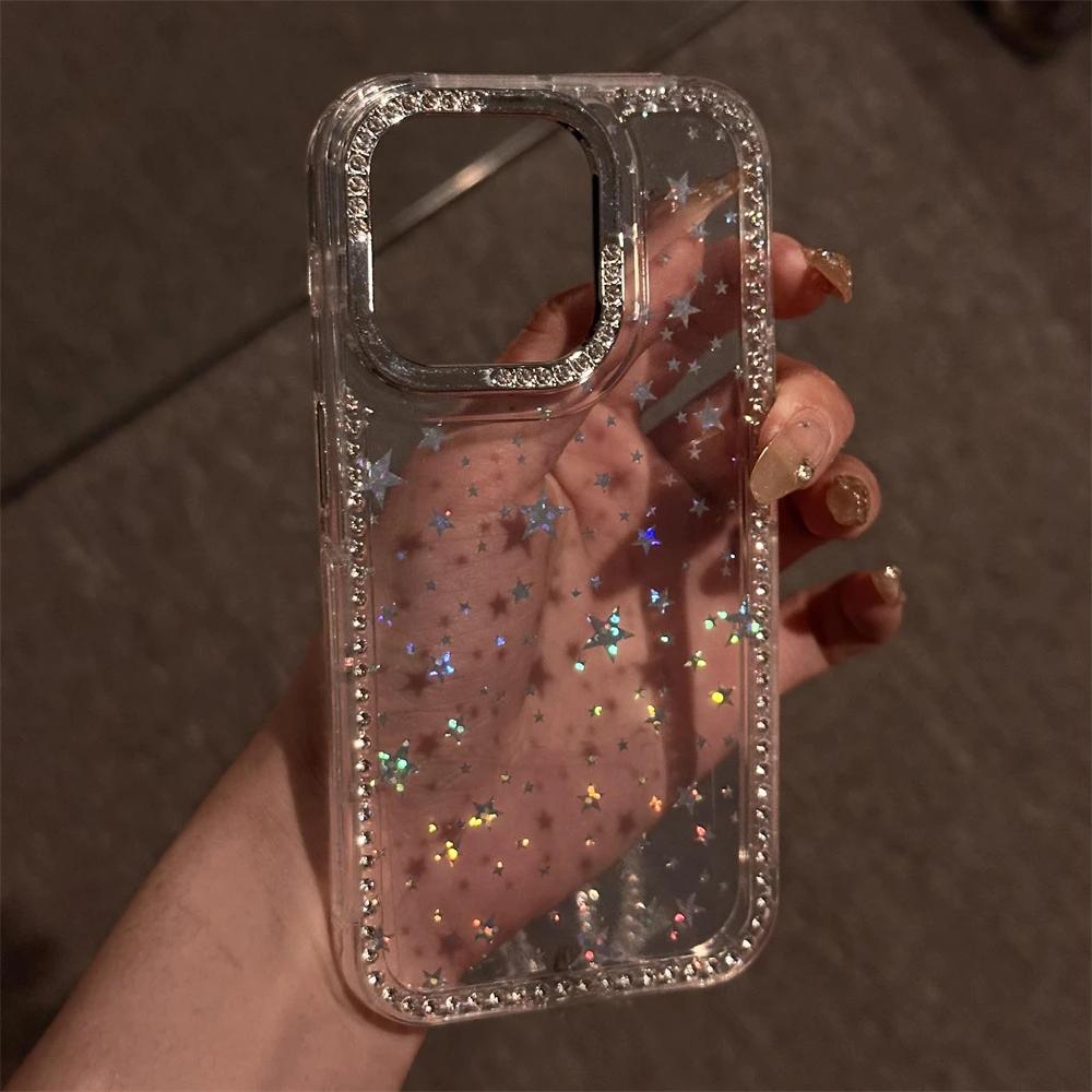 Shiny Glitter Star Rhinestone Shell Pattern Phone Case For iPhone 17 Air 16 15 14 13 12 11 Pro Max 14 Plus Soft Shockproof Cover