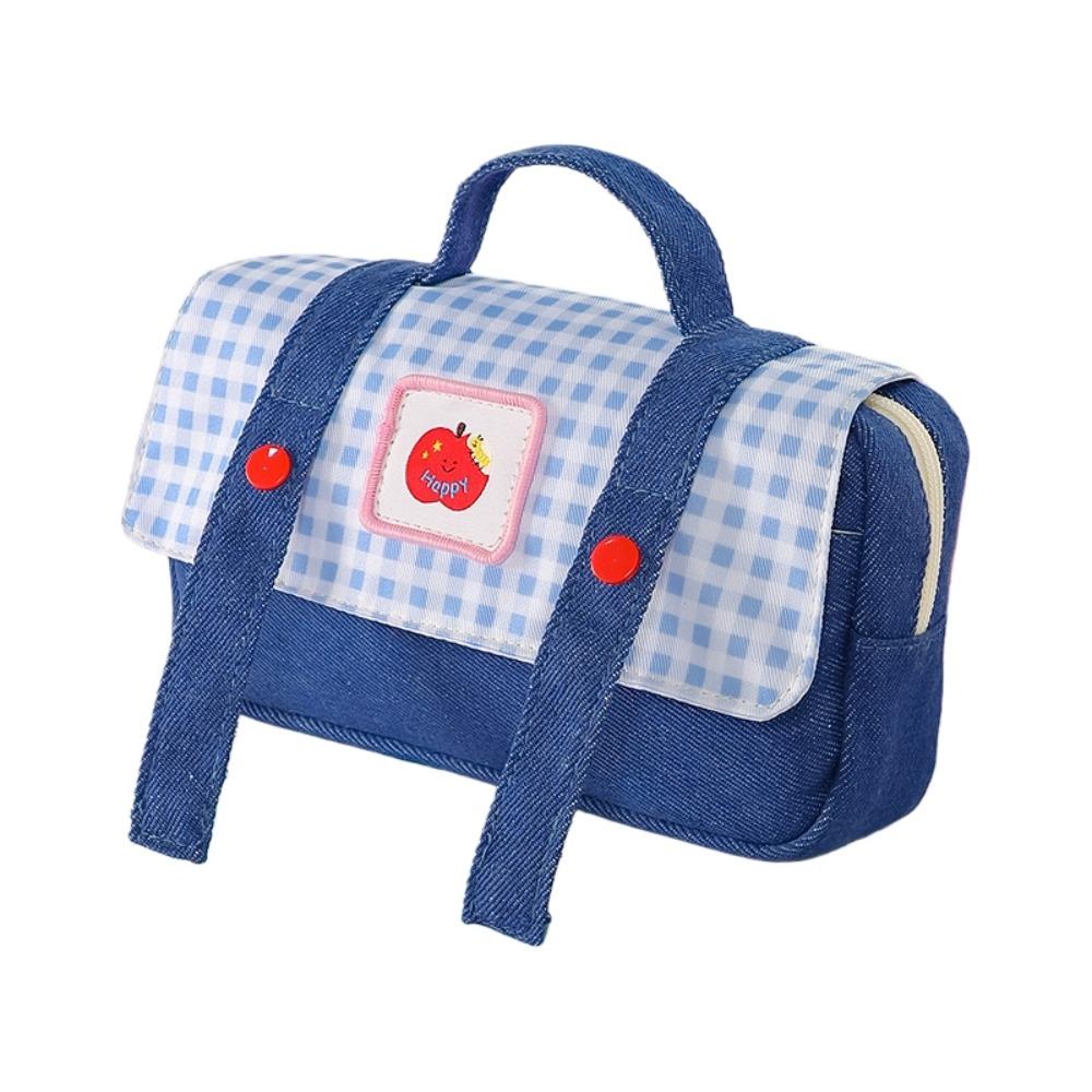 

Korean Style Grid Stationery Bag Plaid and Dots Dopamine Pencil Pouch Stationery Holder Blue White 22cm