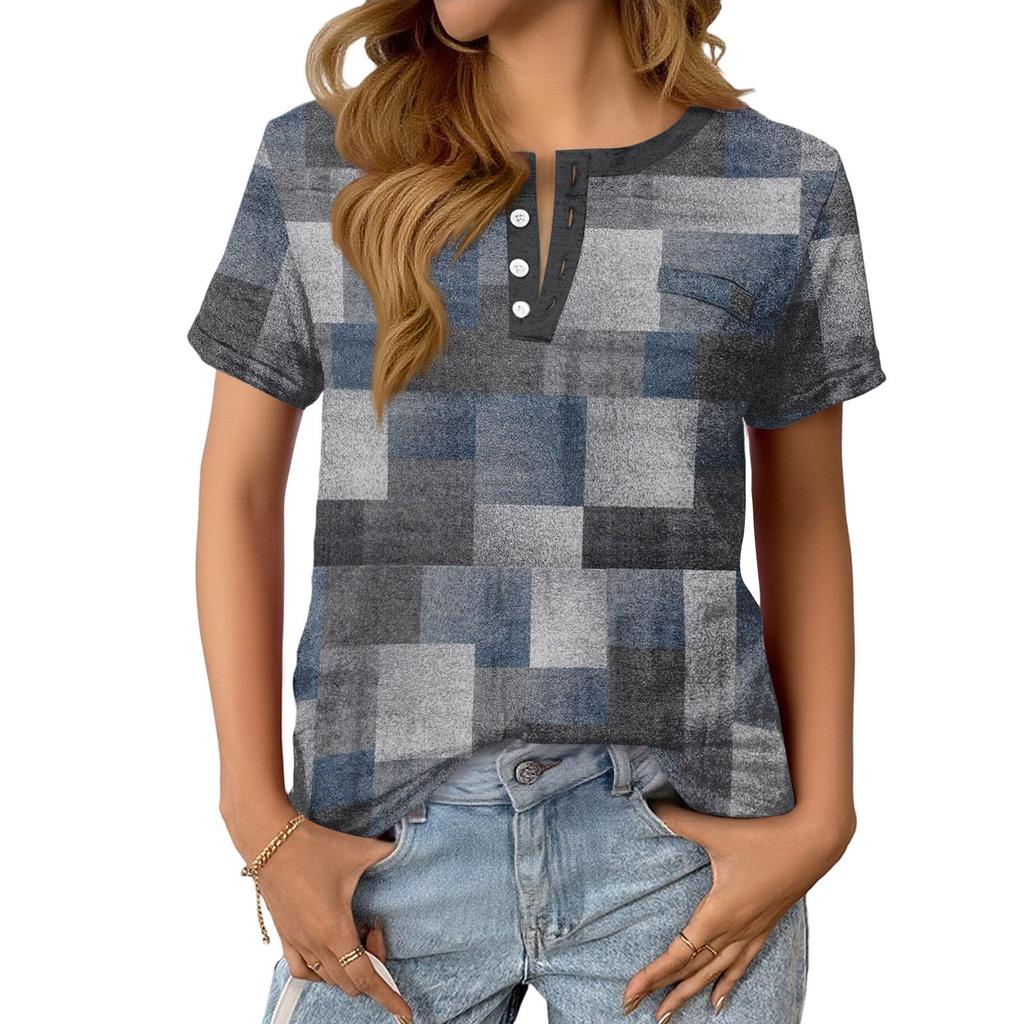 Women's Fashionable Casual Summer Plaid Print V-neck Button Short-sleeved Top